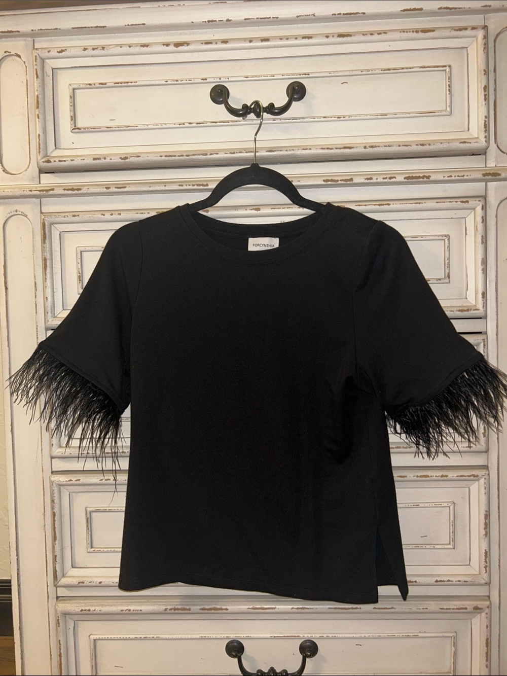 For Cynthia Black Short-Sleeve Top with Feather Trim